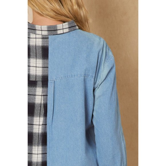 Entro Denim & Plaid Long Sleeve Top - Picture 8 of 9